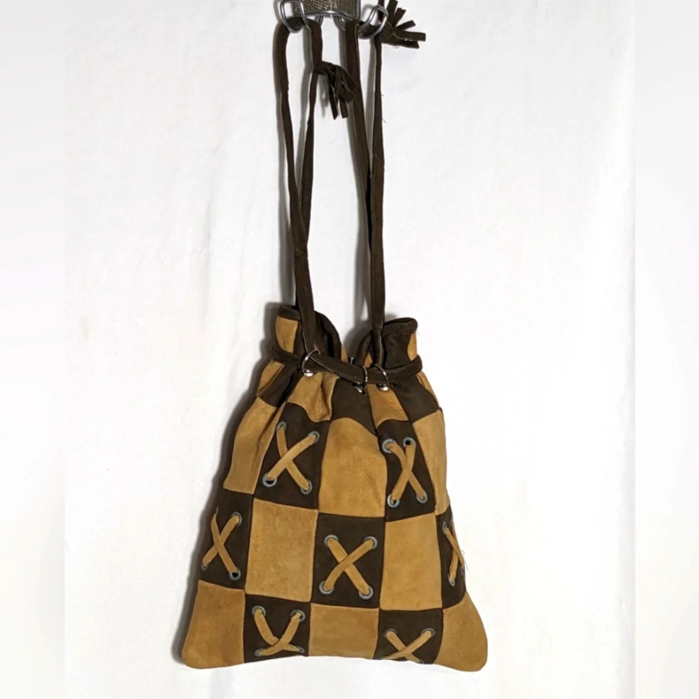 Vintage 1960's  Boho tan &‎ brown patchwork suede purse, made in Spain